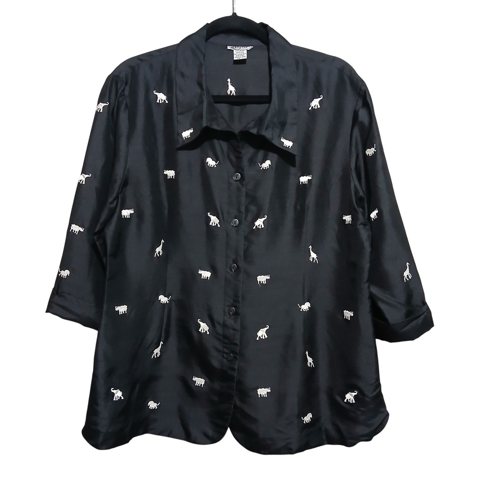 SILKS by I.S.C.‎ Black Silk Animal Embroidered Button Up Shirt Top Women's Large